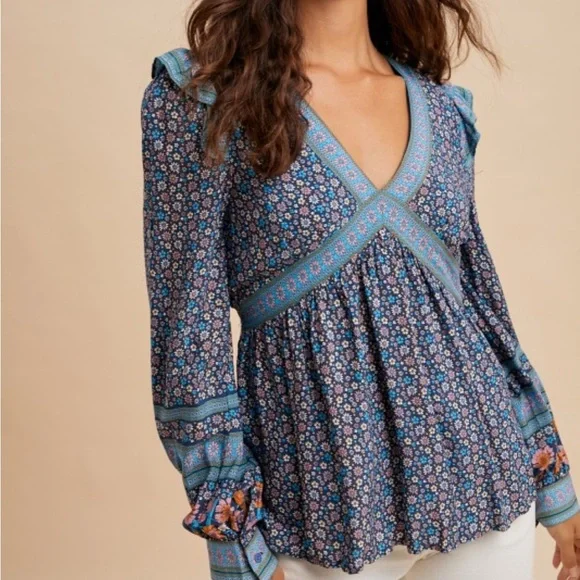 Floral Print Boho Blouse Blue - Picture 2 of 6